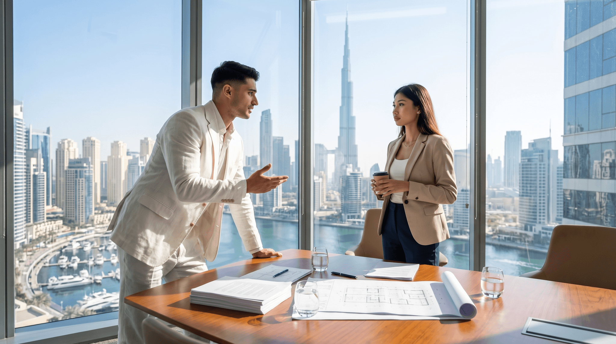 Deux personnes discutant autour de plans, Burj Khalifa visible par la baie vitrée