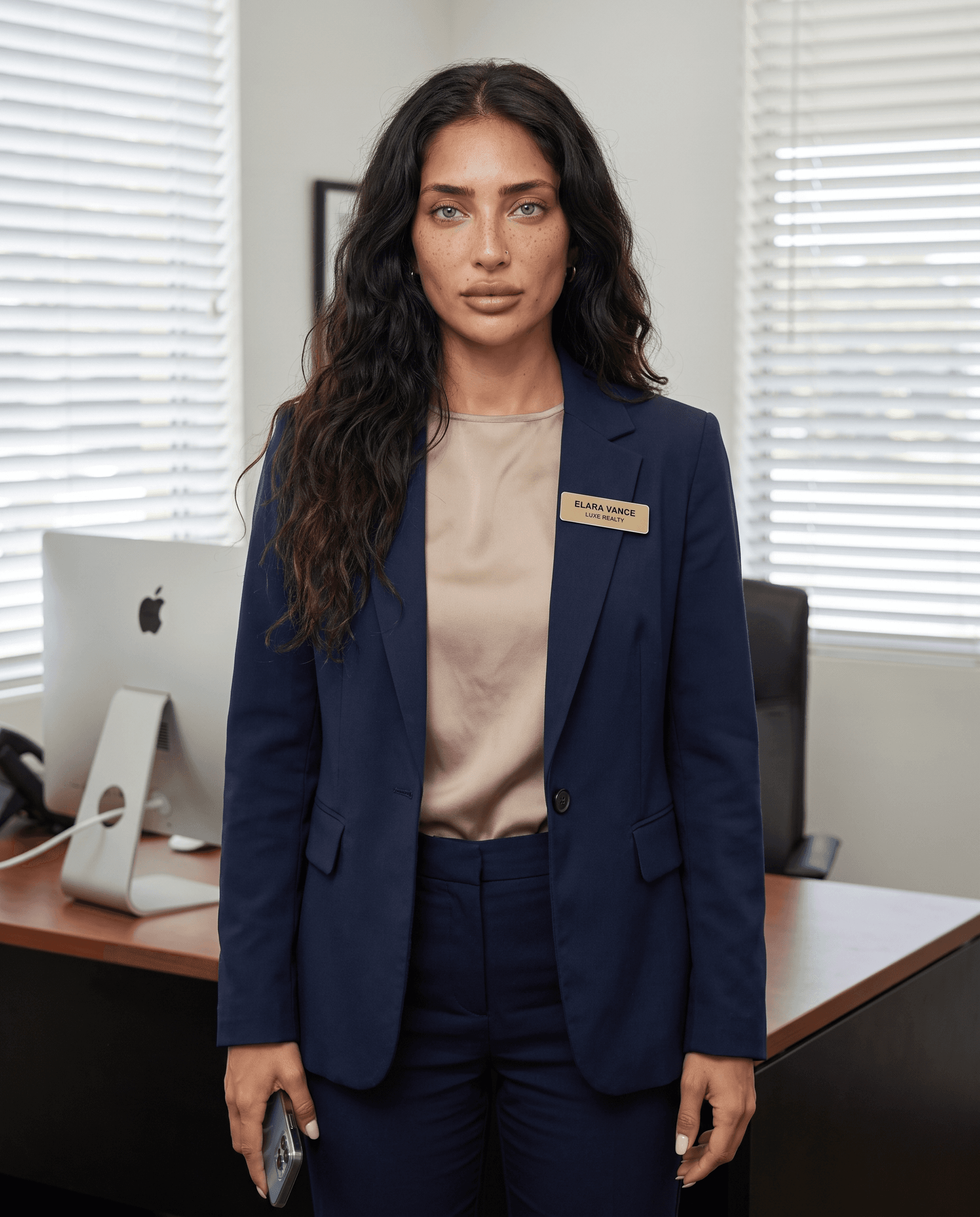 Portrait d’une femme en tailleur marine, téléphone à la main, bureau lumineux