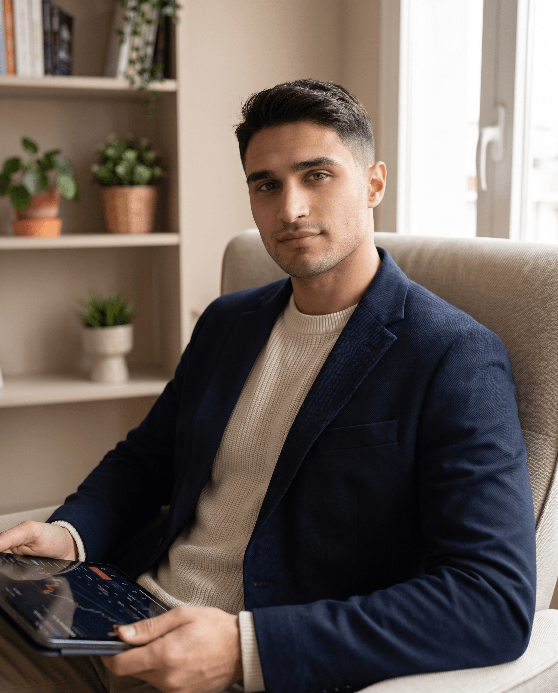 Portrait d’un homme en veste marine, tablette sur les genoux, intérieur clair