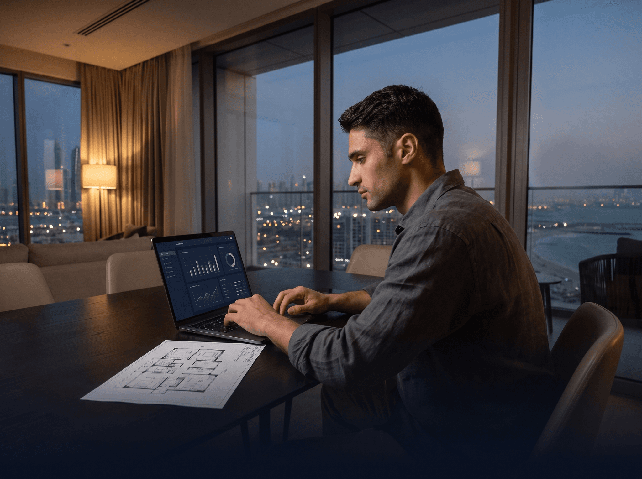 Homme travaillant le soir devant un ordinateur, vue sur la skyline de Dubaï