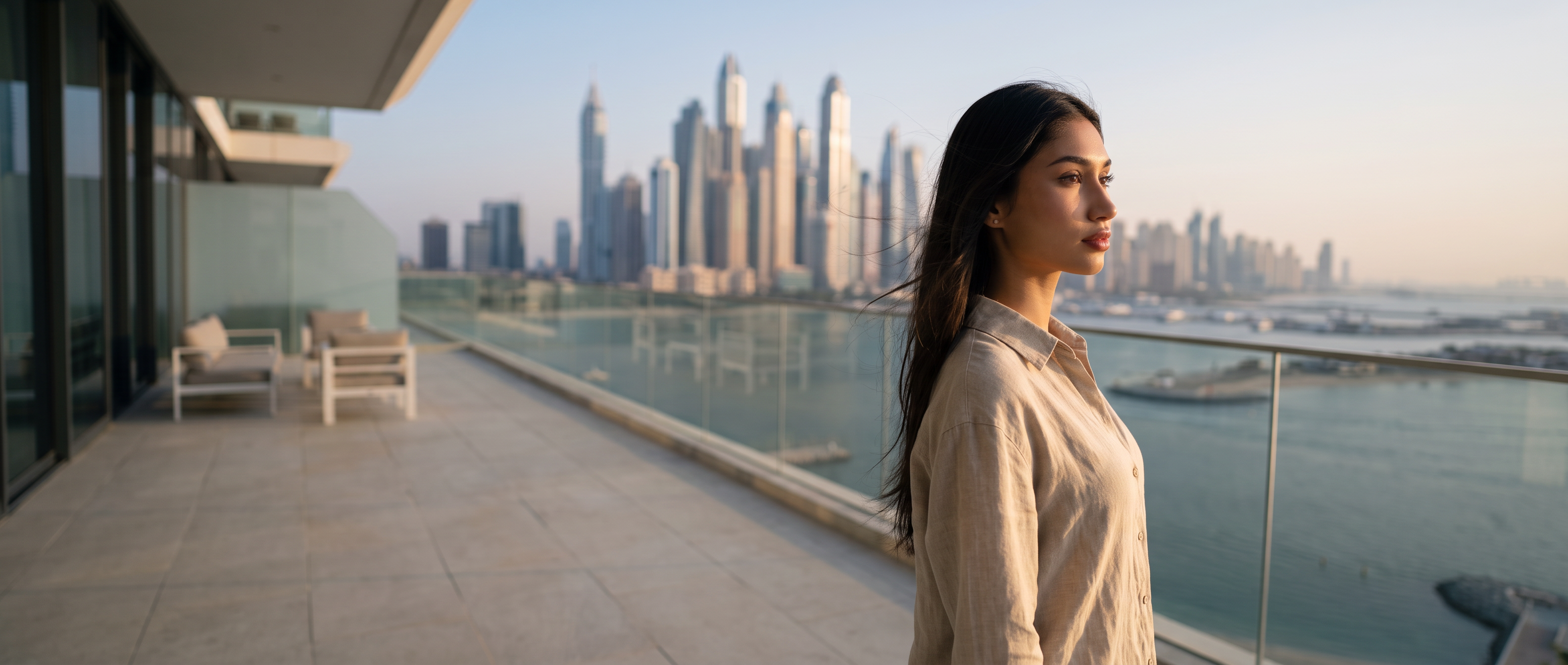 Femme sur une terrasse à Dubaï, skyline et mer en arrière-plan au soleil rasant