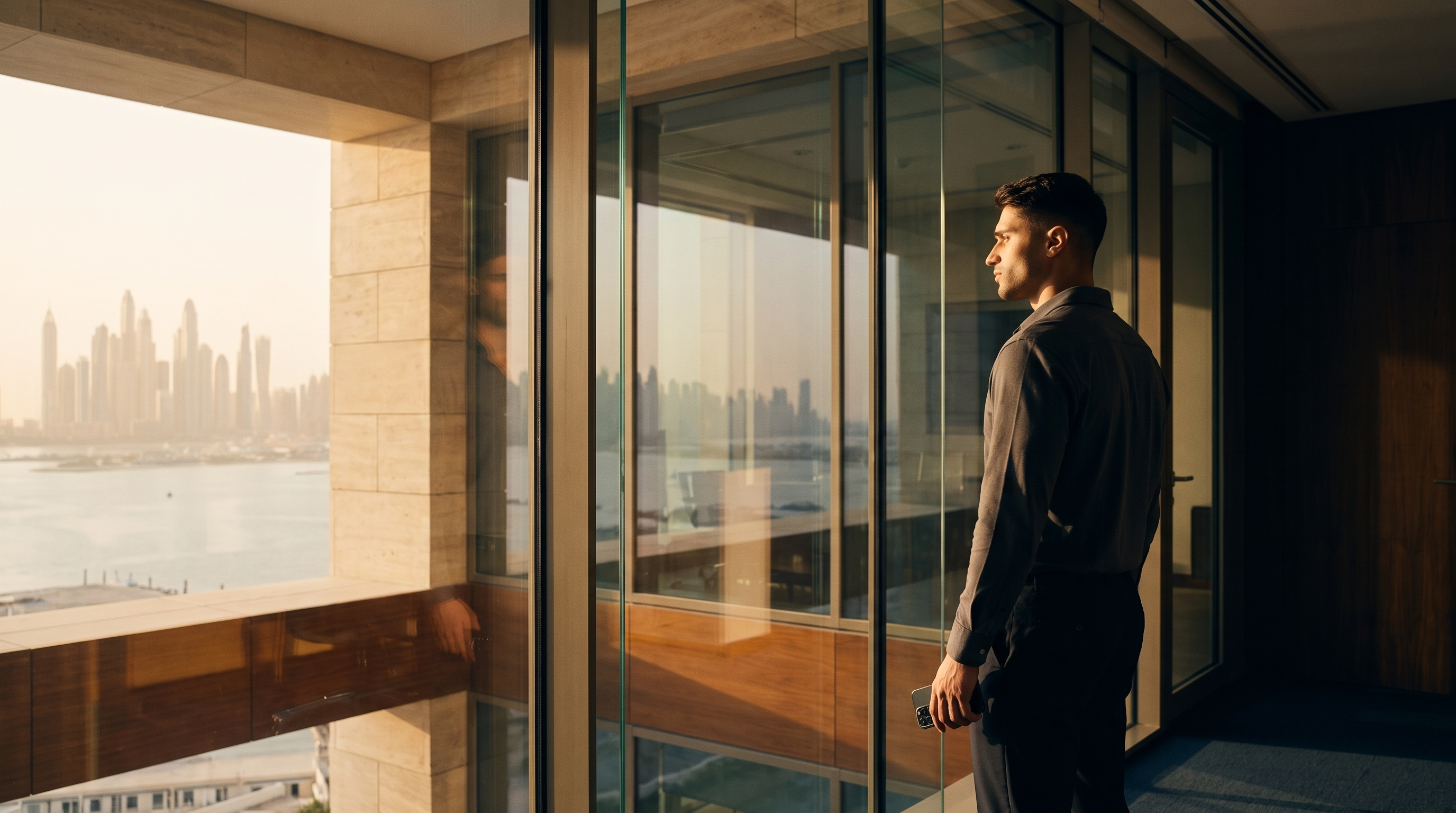Homme en chemise regardant la marina de Dubaï depuis un intérieur vitré